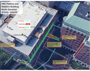 Map of Health Sciences Campus Podium and Robbins Building North Elevation closures