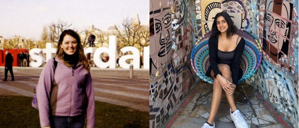 Compilation image of CWRU alumna in Amsterdam during spring break in 2007 (pictured left) and a modern day photo of Harini Ganapathy during fall break (pictured right)
 