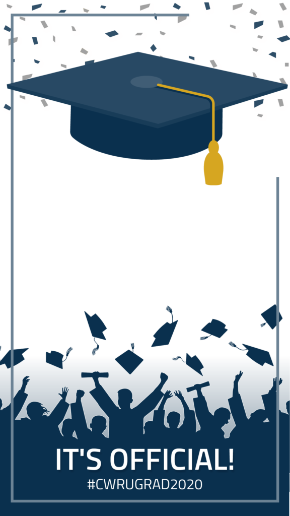 Example of an Instagram sticker with confetti and a grad cap at the top and silhouettes of graduates throwing their caps with text that says "It's official" and "#CWRUGRAD2020" along the bottom