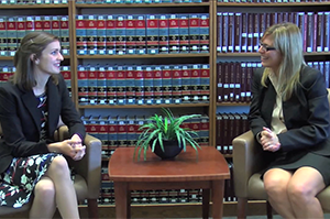 Law student Julia Aromatorio interviewing Professor Jessie Hill for "Faculty View at CWRU."