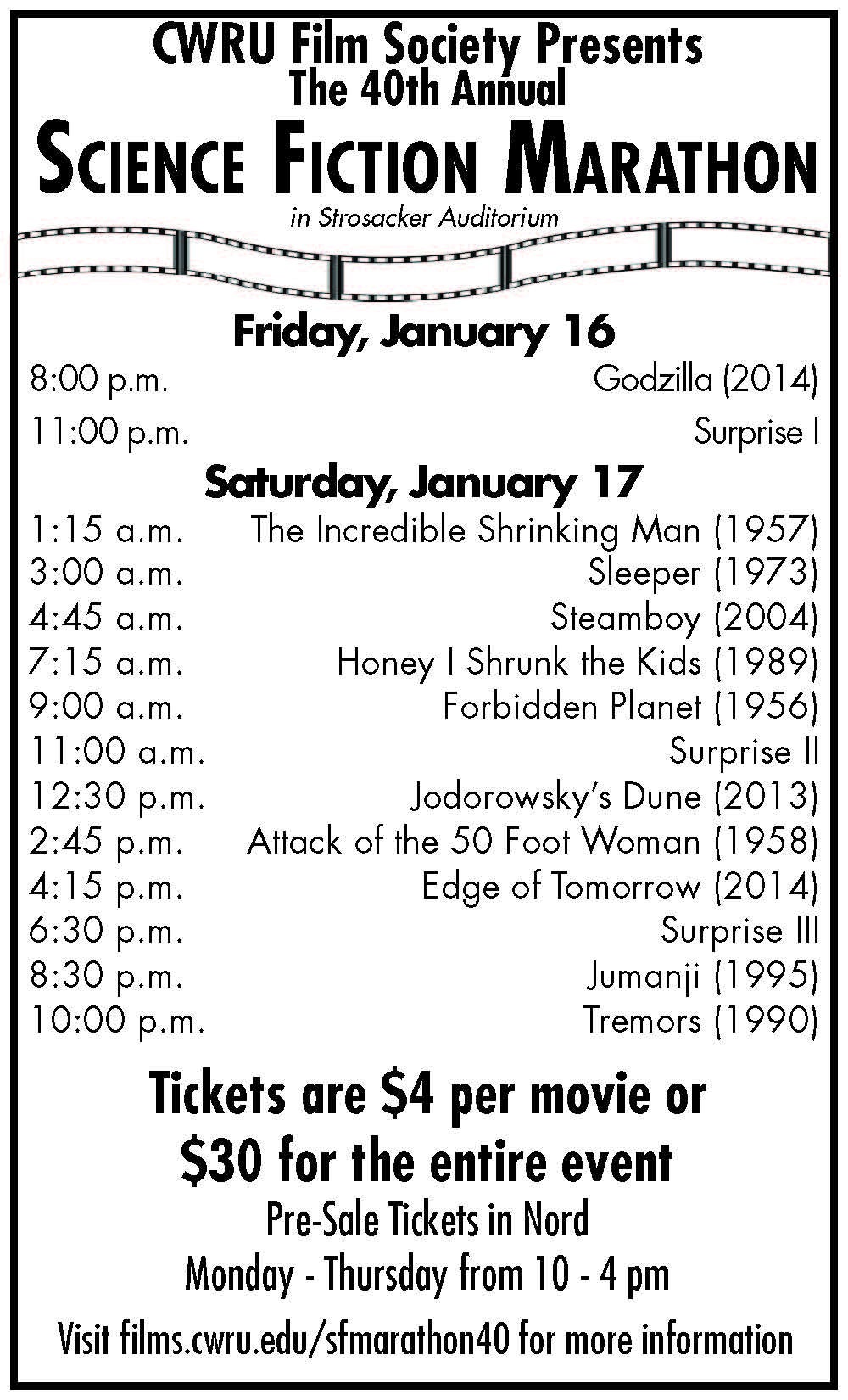 full schedule of movies for the CWRU Science Fiction Marathon