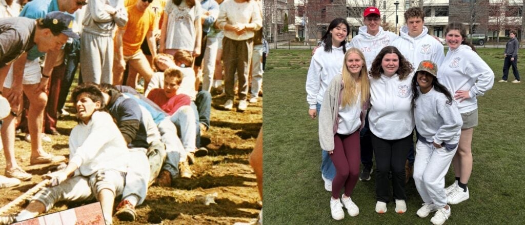 Compilation image of tug-o-war participants at the 1989 CWRU Greek Games (pictured left) and a modern day photo of student Mary Im with other members of Kappa Alpha Theta pictured right)