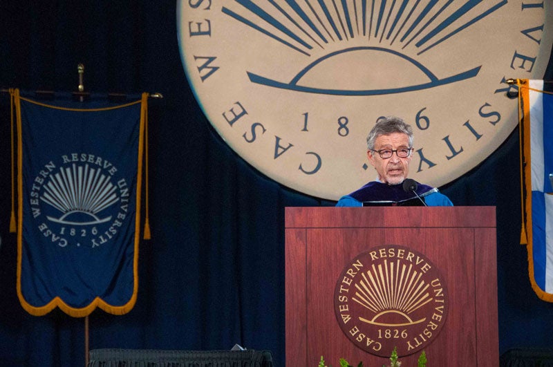 Barry Meyer gives the commencement address at the ceremony on Sunday, May 17.