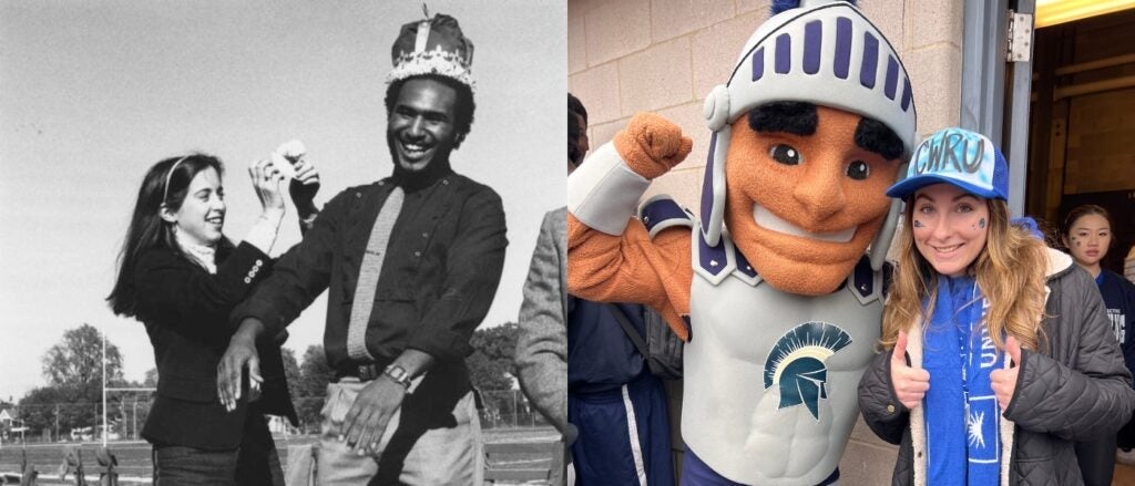 Compilation image of an alumni being crowned king in 1981 (pictured left) and a modern-day photo of Milana Sacco with Spartie mascot at CWRU Homecoming