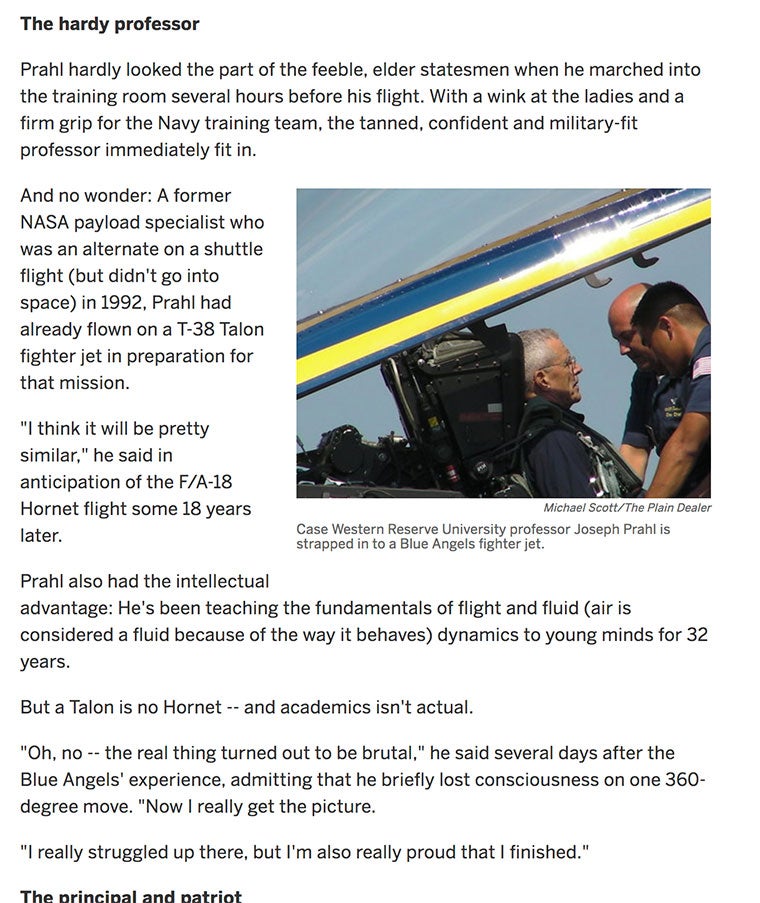 A cleveland.com/Plain Dealer story when Prahl flew with the Blue Angels in 2010.