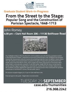 "From the Street to the Stage: Popular Song and the Construction of Parisian Spectacle, 1648-1713" flyer