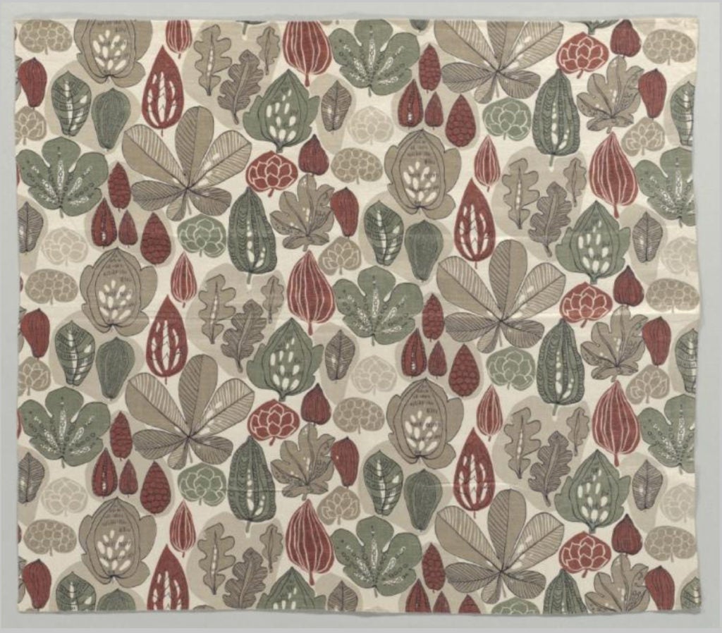 Photo of a Swedish textile that depicts fall leaves