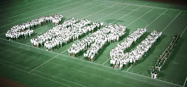 Students spell out CWRU! on Case Field