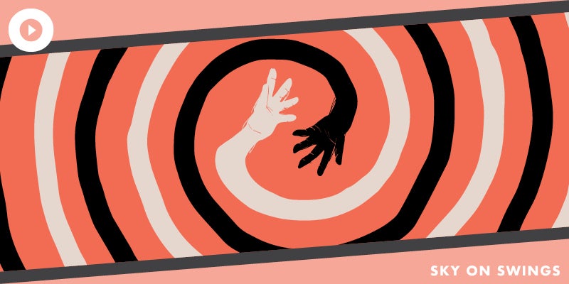 Illustration of two hands and arms in a swirl against a red background and text at the bottom that says "Sky on Swings"