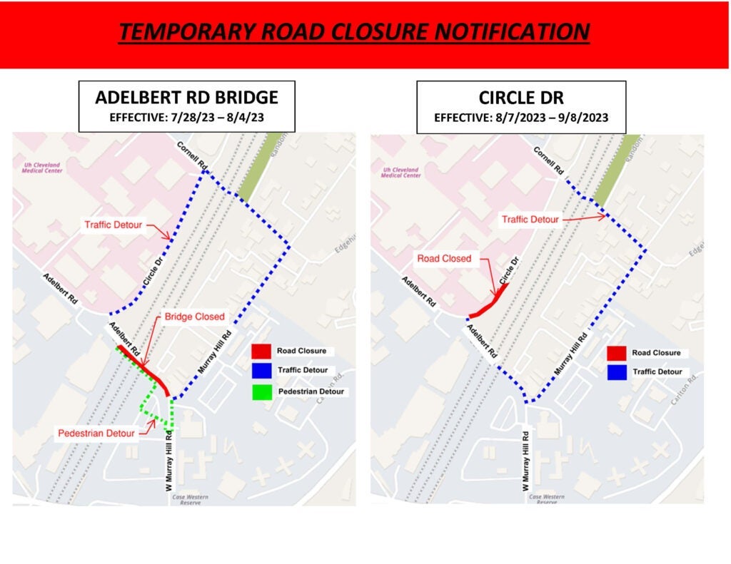 Illustration map of Adelbert Road Bridge and Circle Drive closures and the relevant detours