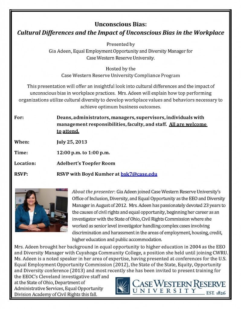 flier for Unconscious Bias in the Workplace presentation at CWRU