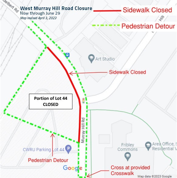 Map of Adelbert Road and Murray Hill Road with the western sidewalk closed on Murray Hill and detour listed around Murray Hill and Lot 44