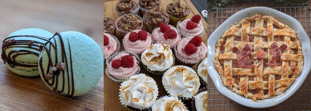 Photo compilation of Joanna Klingenstein's baked goods with macarons, cupcakes and an apple pie shown