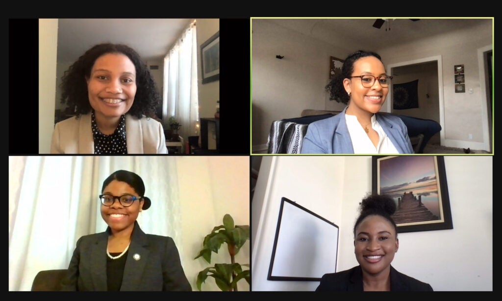 Screenshot of a meeting with four members of the BLSA mock trial team