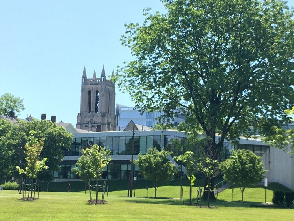 Photo showing the McGaffin Tower with Tinkham Veale University Center in front of it
