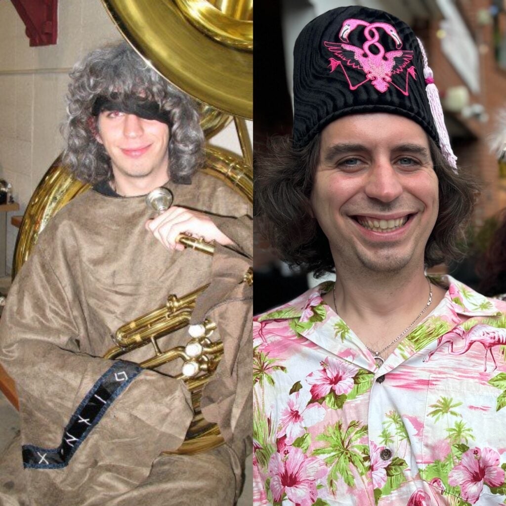 Side-by-side photos of Christian Savage as a sophomore in college and today