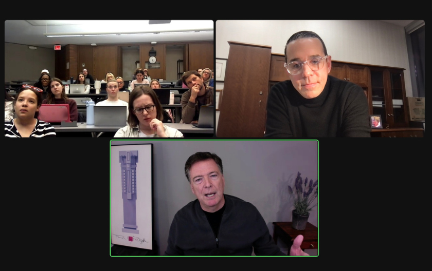 Screencap from Zoom during Comey's talk displaying the students and Comey
