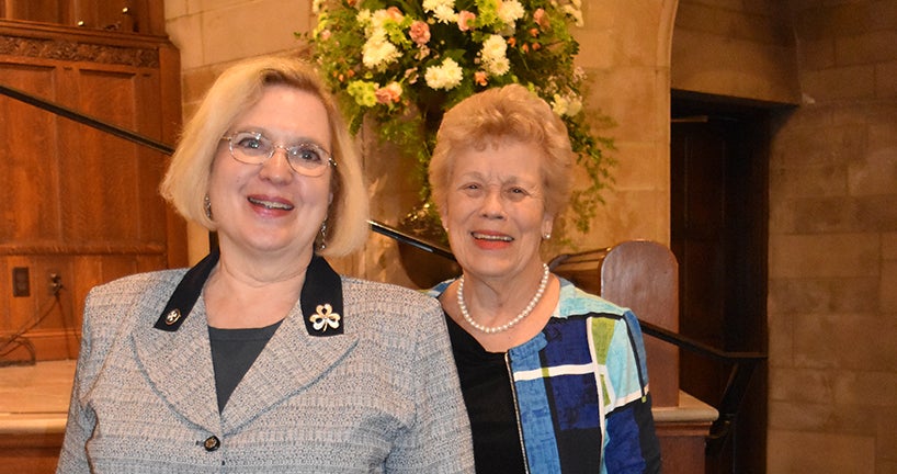 Photo of perennial Pinning volunteers and FPB alumnae (NUR '63) Ann Farmer (right) and Barbara Flowerman (left).