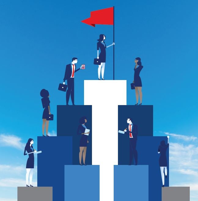 Graphic illustration of people climbing the corporate mountain/ladder.