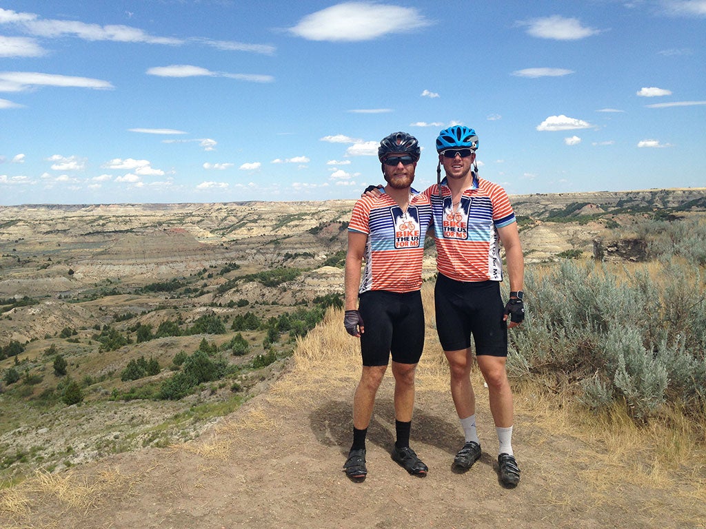 Tony Damiano and Eric Eldred pose for photo on cross-country bike trip
