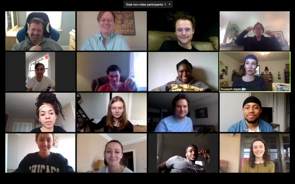 Screenshot of a Zoom session with theater students, theater department chair Jerrold Scott and actress Elizabeth Davis