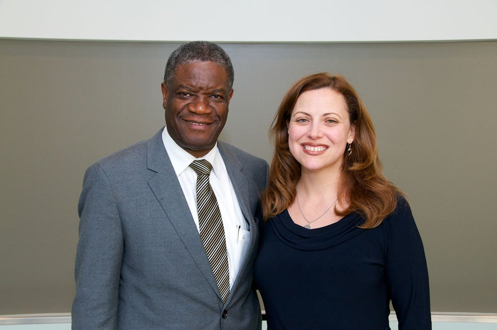 Shannon French poses for photo with Denis Mukewege during his visit to Case Western Reserve University