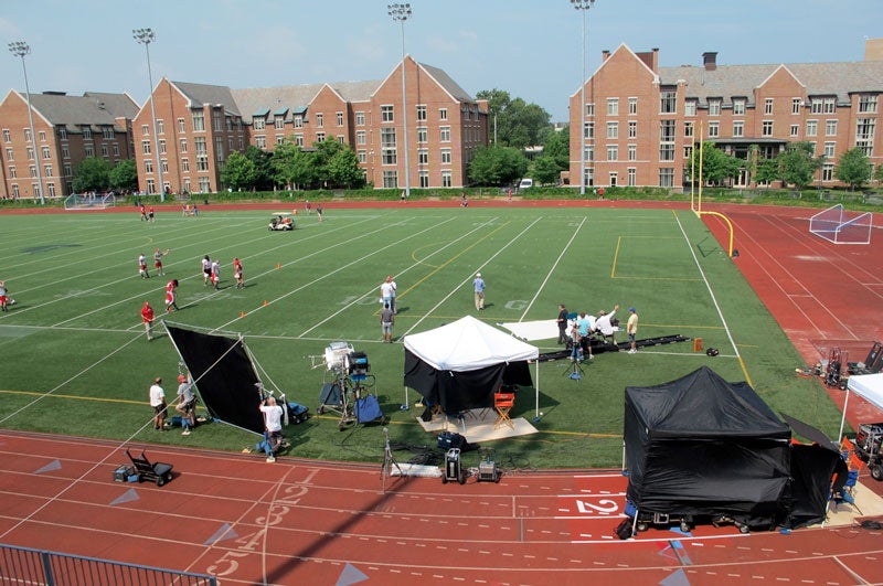 crews filming at Case Field at CWRU