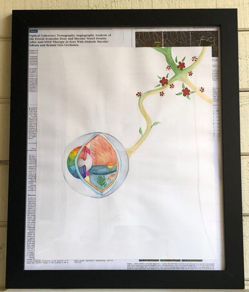 Drawing of an eyeball with a piece cut away revealing a water scene and connected to a vine of flowers