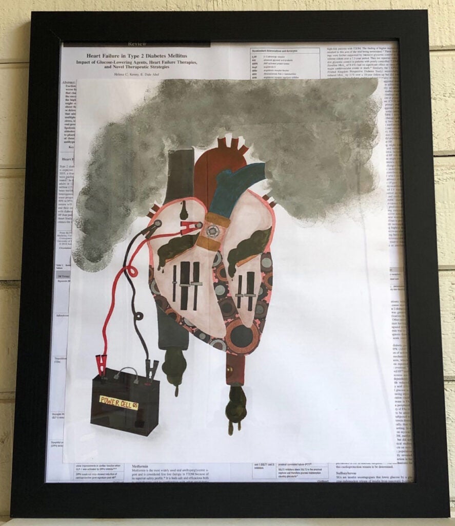 Drawing of a heart made to look like a mechanical object connected with jumper cables