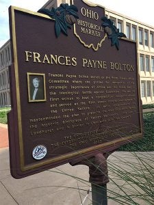 A photo of one side of the Frances Payne Bolton Ohio Historical Marker plaque