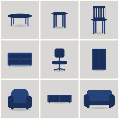 furniture drawings of navy blue furniture on gray squares