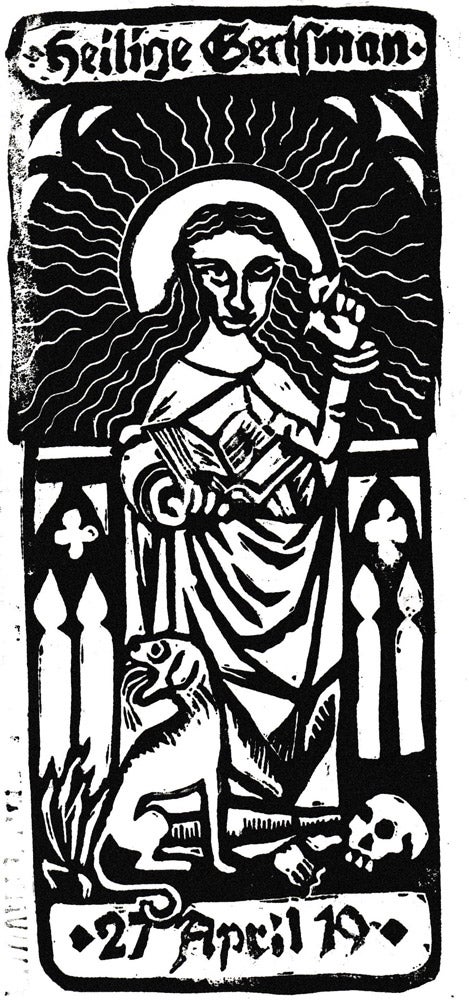 A photo of a woodcut a graduate student made of Elina Gertsman, depicting her with a dog, and a book with the heading "Heilige Gertsman" and a date of 27 April 19