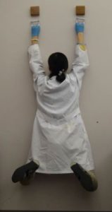 A researcher hangs from two small wooden blocks taped to a wall.