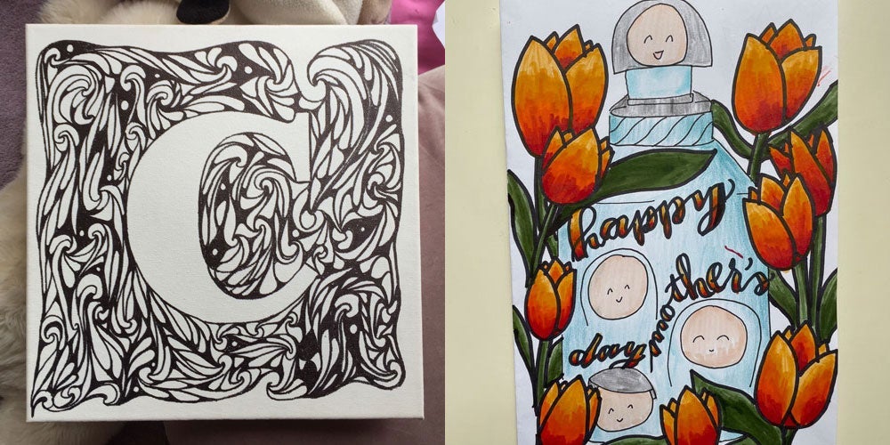 Photo compilation of artwork by Hannah Xu; one of a 'C' surrounded by black and white swirls and another of a glass jar covered in flowers and the words 'happy mothers day'