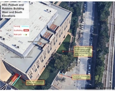 Map of Health Sciences Campus Podium and Robbins Building West and South Elevations closures