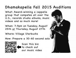 Dhamakapella tryouts flyer
