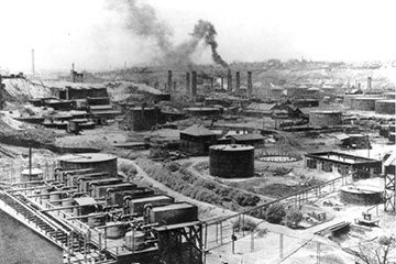Black and white image of an industrial city