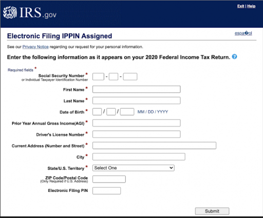 Screenshot of a form in an IRS scam made to look realistic
