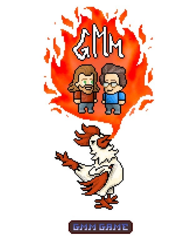 Photo of a 2d video game design showing a fire-breathing rooster and two people talking and the letters GMM in the fire and the GMM Game below the image