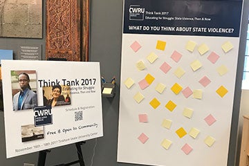 Display in Kelvin Smith Library with poster about Think Tank 2017 and another next to it with: "What do you think about state violence" printed at top with sticky notes below