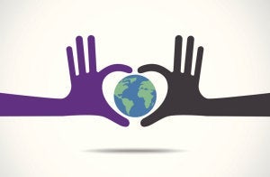 graphic of two hands making a heart around the earth