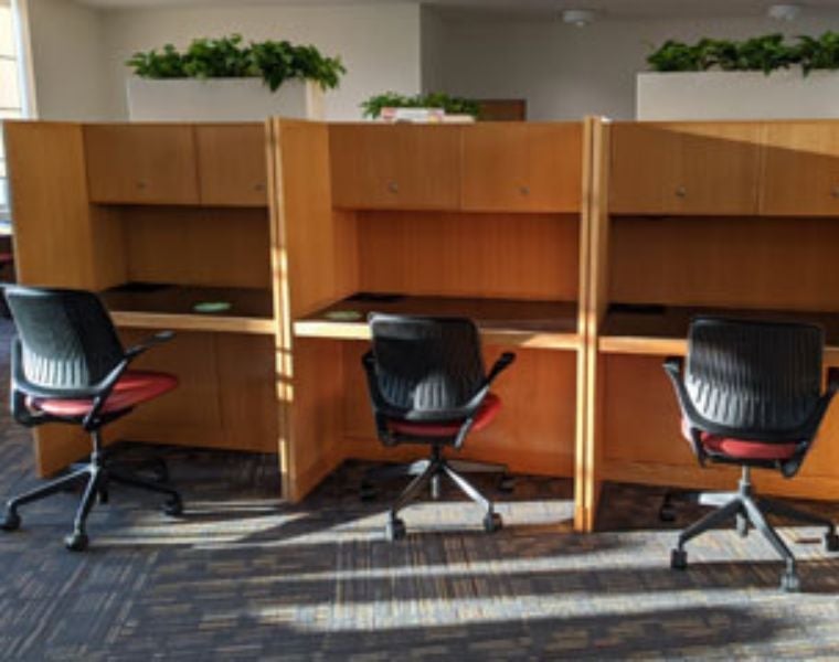 Photo of three carrells at Kelvin Smith Library