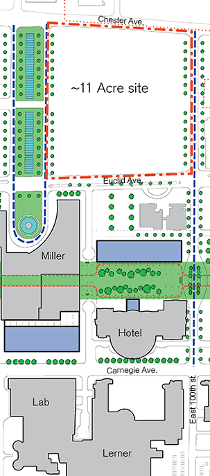 A map showing the site of the new medical education building