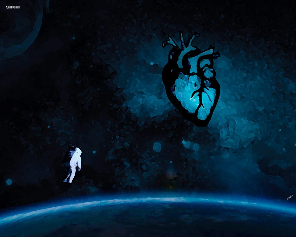 Artwork by Mahamad Salah Mahmoud showing a lonely astronaut approaching an illustration of a heart