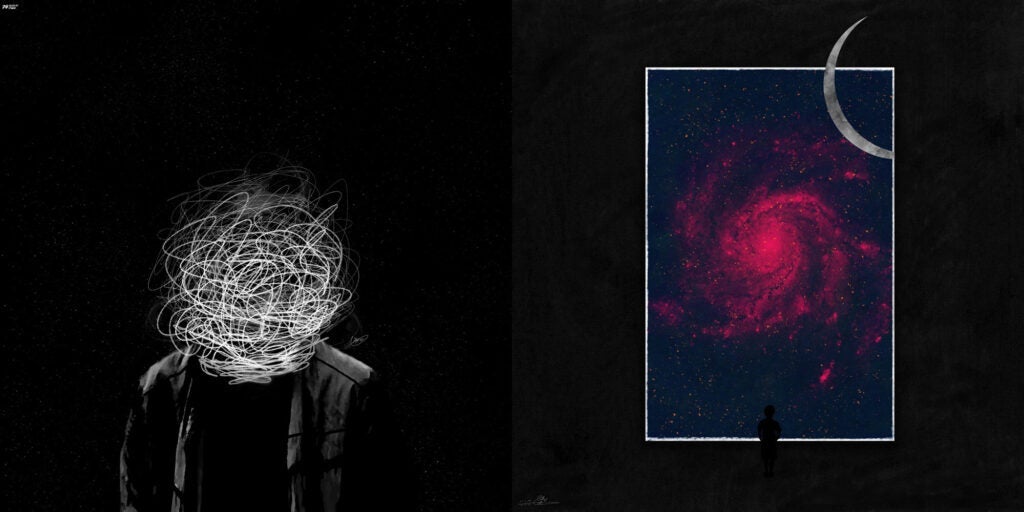 Photo compilation of artwork by Mahamad Salah Mahmoud including the illustration of a person with squiggly lines in place of the head and another showing a small person's figure looking at a large illustration of the galaxy and a crescent moon