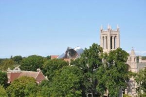 View of McGaffin Carillon in University Circle just above the trees