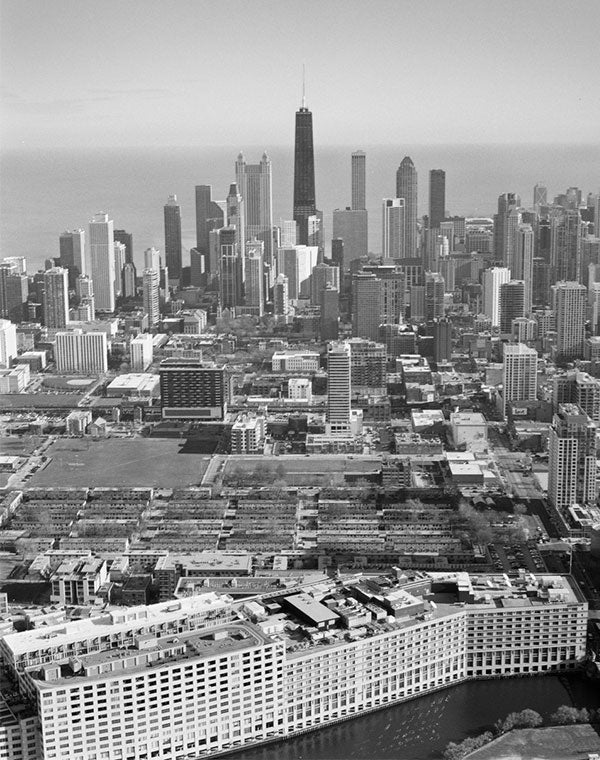 LaToya Ruby Frazier's aerial photograph of the Chicago skyline and Cabrini-Green public housing project. 