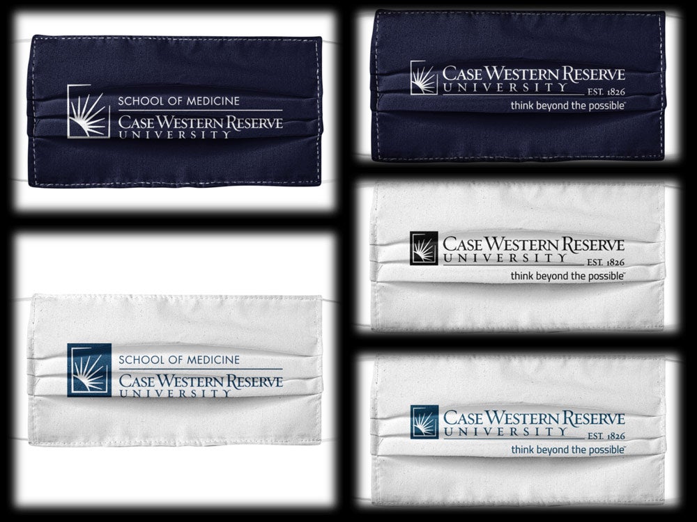 Collage of photos showing mockups of five facemask designs with CWRU logos