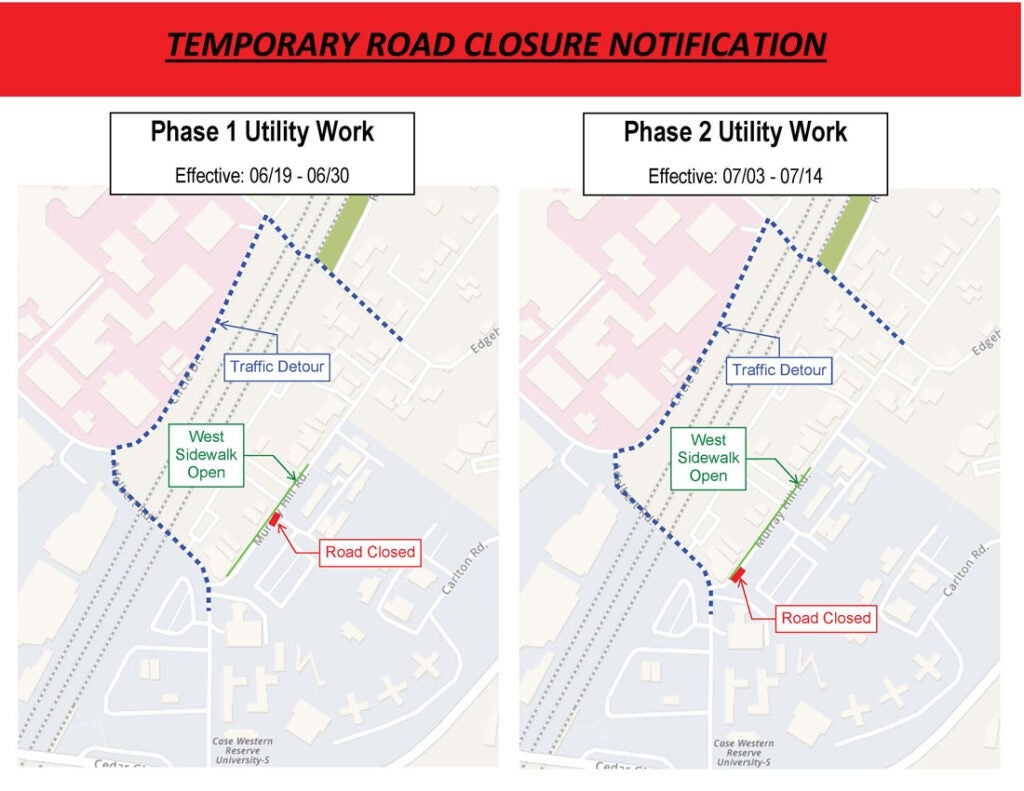 Maps showing the two phases of utility work along Murray Hill Road and the detour around Circle Drive