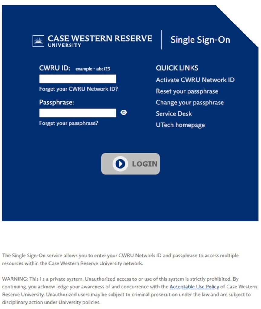 Photo of the new version of CWRU's Single Sign-On page with the university's new branding